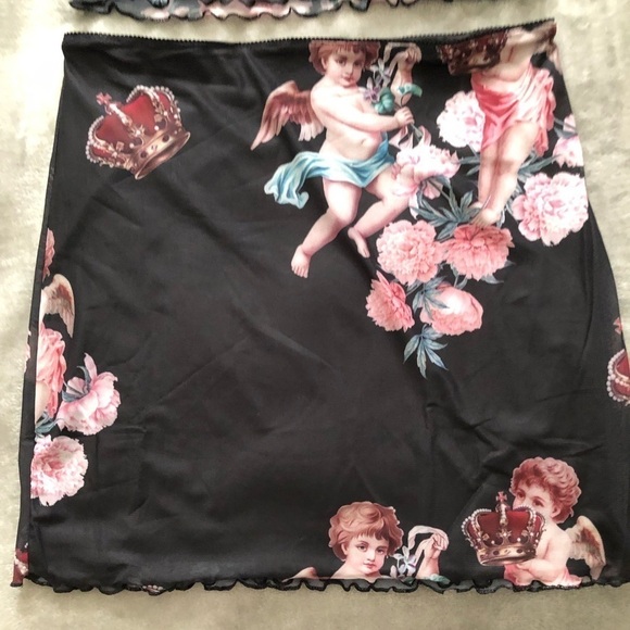 Women’s 2 piece Mesh Set Large Angel Print Y2K Scallop Hem Koket Cutesy girlie - Picture 4 of 4